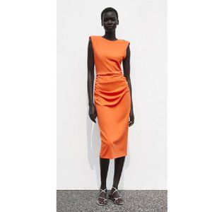 Zara New Fitted Midi Dress With Shoulder Pads Orange - Size Large